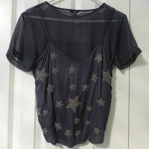 GUESS dark gray beaded stars sleeveless semi-sheer top